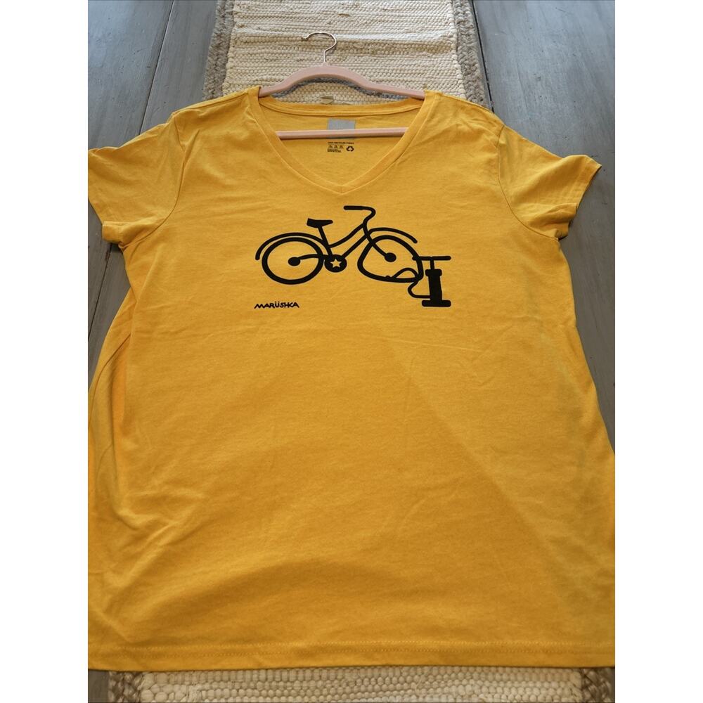 Marushka Yellow Black Flat Tire Bicycle Print Women’s Sz XL T Shirt V Neck